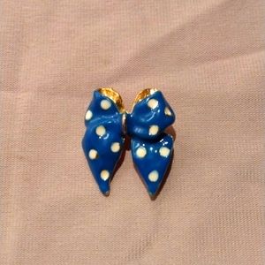 Vintage Gold Tone Blue Polka Dots Ribbon Bow Brooch Pin